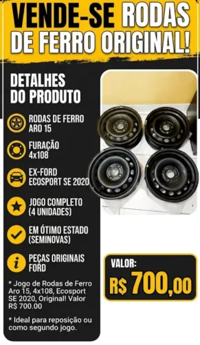Rodas de Ferro Aro 15 4x108, Jogo de Rodas da Ecosport 2020, Original!