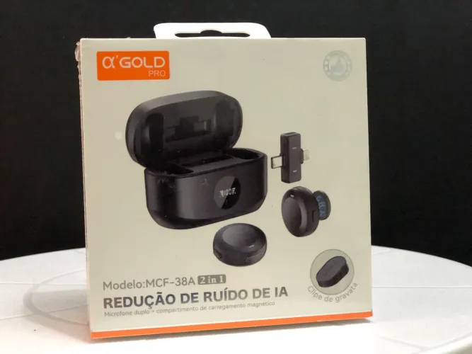 Microfone Duplo Lapela Sem Fio USB-C Lightning, Redução Ruído com IA + Box Carregamento