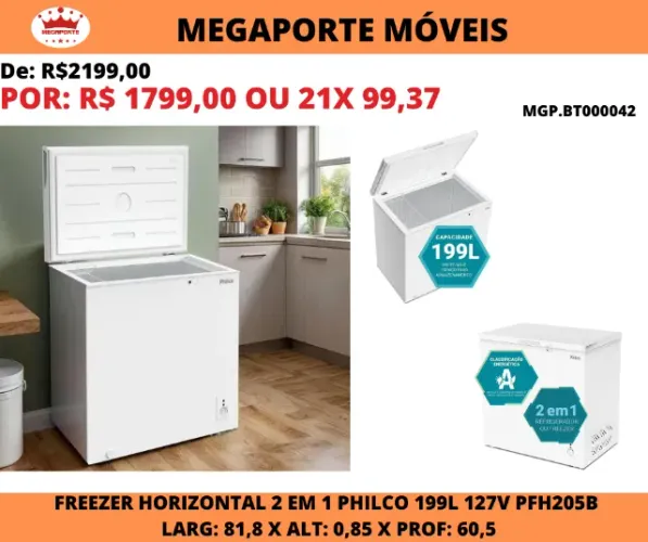 Freezer Horizontal 2 em 1 Philco 199L 127V PFH205B