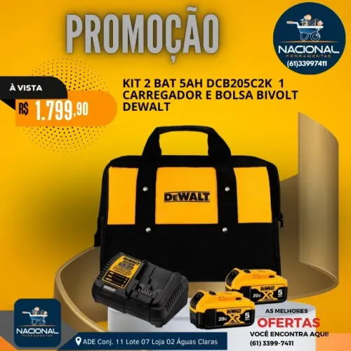 KIT DEWALT DCB205C2K - 02 BATERIAS 5AH + CARREGADOR BIVOLT + BOLSA ORIGINAL