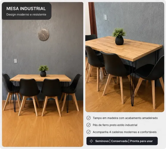 Mesa de jantar de 4 cadeiras modelo industrial