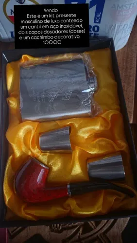 Cantil de aço e 2 copos, binde cachimbo decorativo