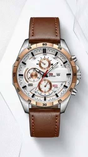 Relogio Masculino Vavavoom Gold WHITE Esportivo Pulseira Couro Castanho Imponente 45mm