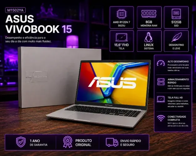  ASUS Vivobook 15 AMD Ryzen 7 5825U 8GB Ram 512GB SSD Linux 15,6" FHD Silver