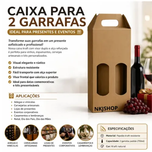 10 Caixas Papelão Com Alça 2 Garrafa Vinho Com Display Visor