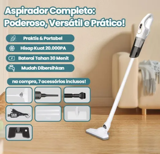 Aspirador de Pó Sem Fio 20.000PA Portátil 2 em 1 + 7 Acessórios