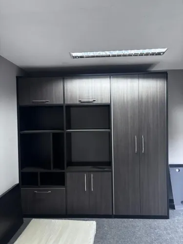 Armário estante de escritório com portas e nichos.