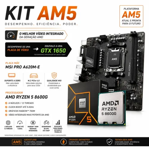 Kit AM5 MSI PRO A620M E + Processador Ryzen 5 8600G | DDR5 | Radeon 760M | Alto Desempenho