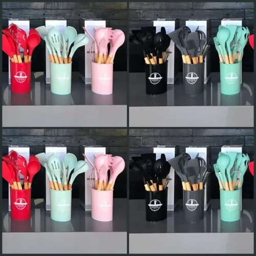 JOGO DE UTENSÍLIOS PARA COZINHA DE SILICONE COM CABO DE MADEIRA COM 12 PEÇAS 