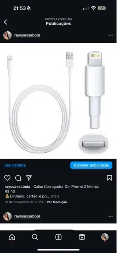 Cabo Carregador De IPhone 2 Metros  R$ 40