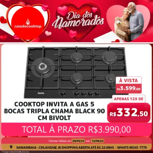 Cooktop invita a gas 5 bocas tripla chama black 90 cm bivolt