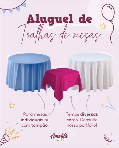 Temos toalhas de mesa disponíveis para locação 