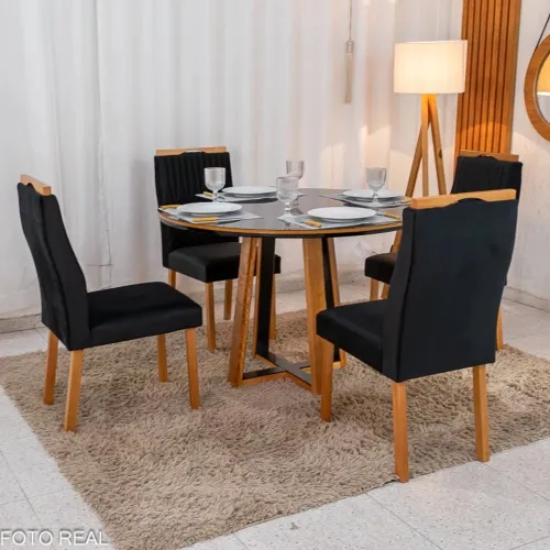 Mesa de Jantar Atlanta Redonda 120cm Vidro Preto/Base Madeira + 4 Cadeiras Veludo