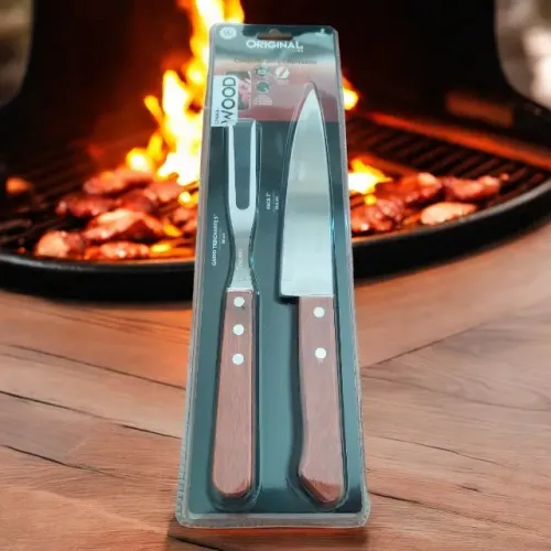 Jogo para churrasco com Faca e Garfo Trinchante Kit com 2 peças - Cabo de Madeira