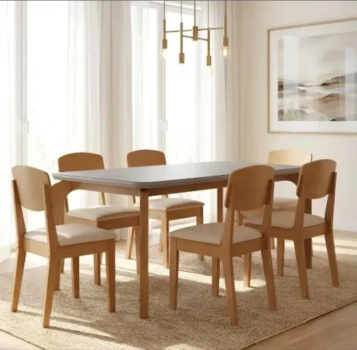 Conjunto de Jantar Amplo 6 Lugares Naturale com Off White e Veludo Creme Conjunto de Janta