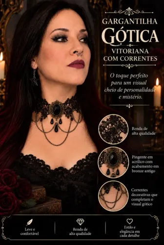 Colar Gargantilha Gótico Vitoriano Com Correntes E Renda