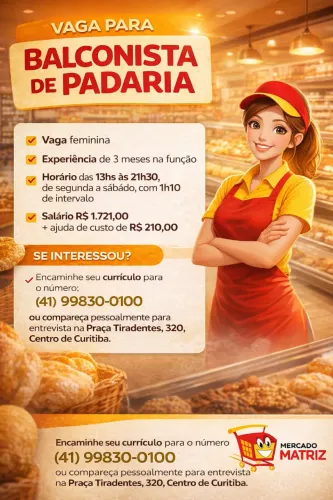 Mercado Matriz contrata Balconista de Padaria