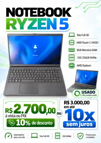 Notebook dell insprion R5 3450U 8GB NVME 256GB
