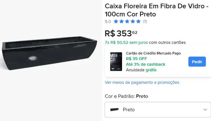 Caixa Floreira Jardineira Em Fibra De Vidro - 100cm Cor Preto