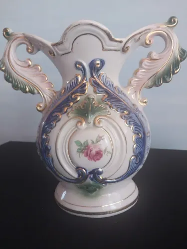 Vaso Ânfora Alça Folhas Azul/Verde (Antiguidade)