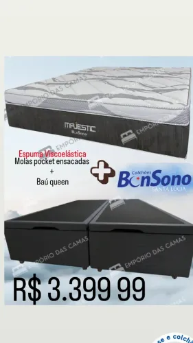 Cama queen size base baú e colchão em molas pocket bonsono conjunto base bipartida 