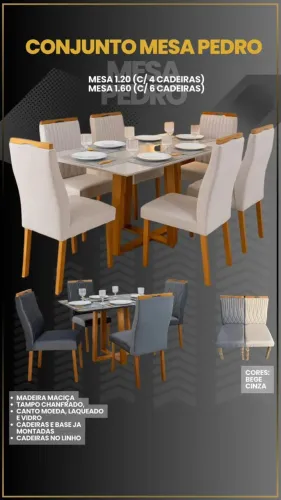 Mesa de jantar c/ 6 cadeiras base em madeira maciça tampo com vidro