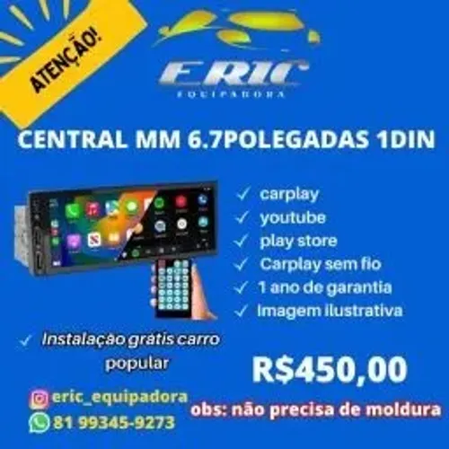Central Mp5 Car Play 6.7 Polegadas 1 din - Não Precisa Moldura - Instalada