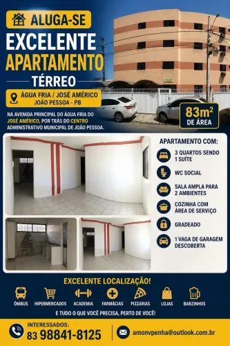 ALUGO EXCELENTE APARTAMENTO TÉRREO - ÁGUA FRIA / JOSÉ AMÉRICO - JOÃO PESSOA.
