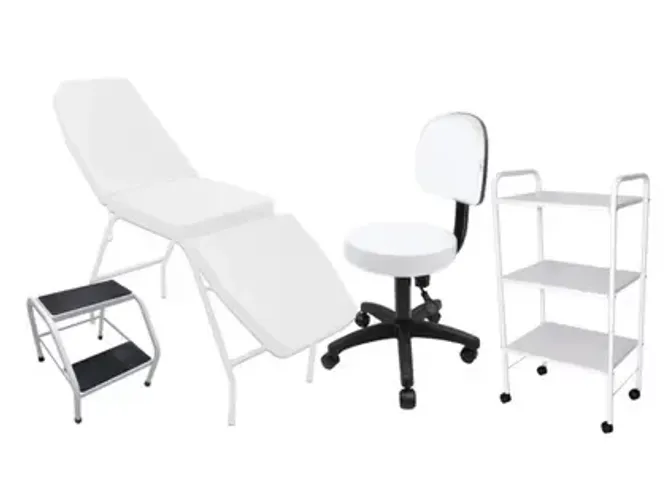 Maca para estética com carrinho auxiliar e banco com rodinhas  