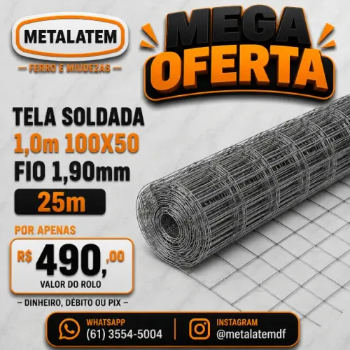 Tela Soldada Galvanizada 1,00x25m Malha 100x50mm Fio 1,90mm Rolo 25 Metros