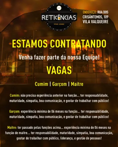 Restaurante em Vila Valqueire Contrata!