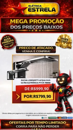 Ducha Lorenzetti Acqua Duo Ultra Eletrônica PT/CR 7800W - Promoção Especial Elétrica Estre