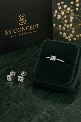 Conjunto Água-Marinha Natural Prata 925 Anel Solitário + Brincos Ponto de Luz