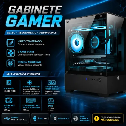 Gabinete Gamer NOVO LACRADO Mid Tower - Vidro Temperado - mATX/ITX
