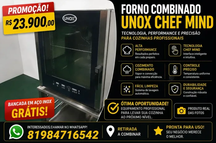 Forno combinado Unox Chef Mind com bancada grátis.