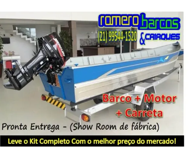 barco de aluminio conjunto zero motor barco e carreta rodoviaria
