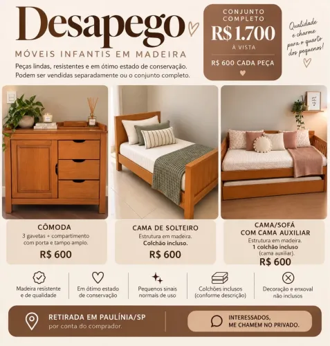BERÇO/ CAMA - CAMA AUXILIAR + CÔMODA- LARISSA NA COR MEL