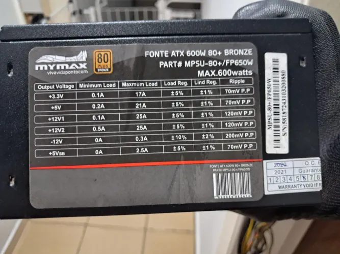 Fonte 600w 80 plus bronze