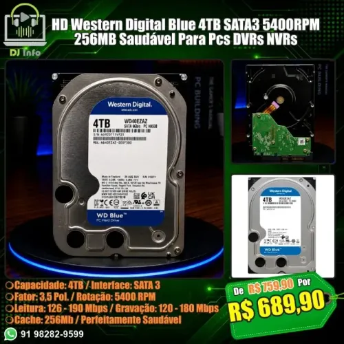HD Western Digital Blue 4TB SATA3 5400RPM 256MB Saudável Pcs DVRs NVRs