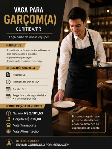 Garçom CLT Horário de Almoço Curitiba