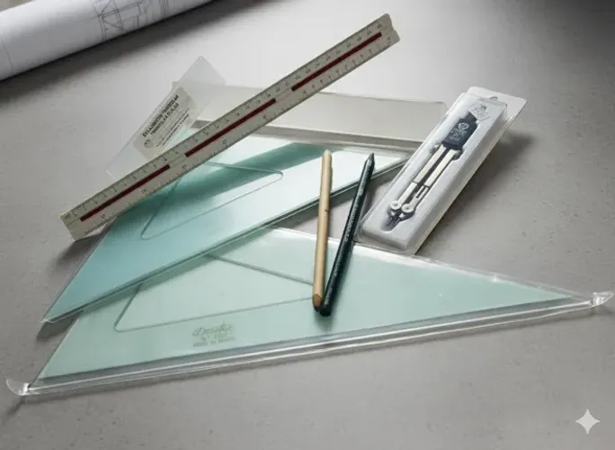 Compasso, Esquadro, Escalímetro, Lápis Progresso e Esfuminho para Designers