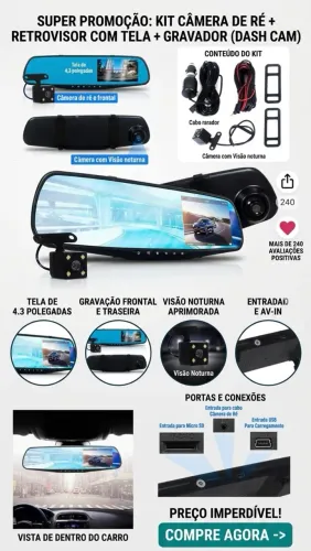 Retrovisor Espelho com Câmara de Ré e Frontal Gravador