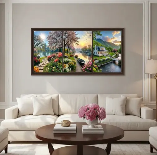 Kit de 3 quadros decorativos de paisagens no lago de madeira pinus com adesivo