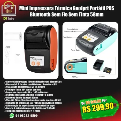 Mini Impressora Térmica GooJprt Portátil POS Bluetooth Sem Fio Sem Tinta 58mm