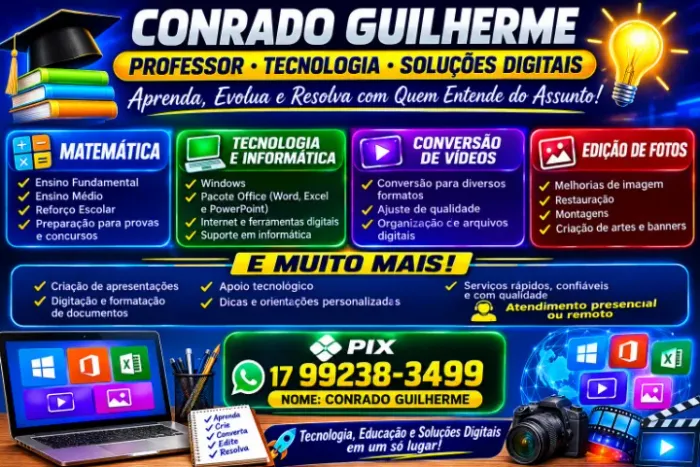 Professor Conrado Guilherme oferece aulas de Matemática, Tecnologia e Informática, além de