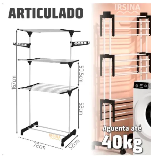 Varal De Chão 3 Andares Dobrável com Rodas Portátil - seminovo (apenas montei)