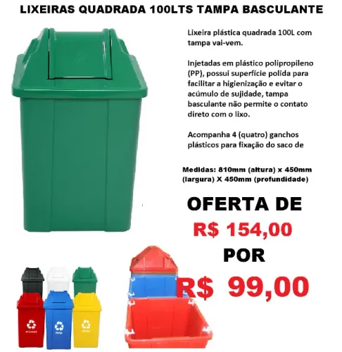 Lixeiras plástica 100lts tampa basculante coloridas seletivas