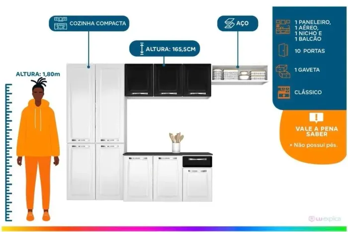 Armário de Cozinha Compacta Itatiaia Amanda Aço com Balcão 10 Portas 1 Gaveta