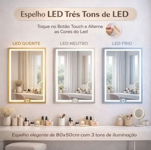 Espelho Retangular com LED 80x50 cm Touch 3 Tons de Luz