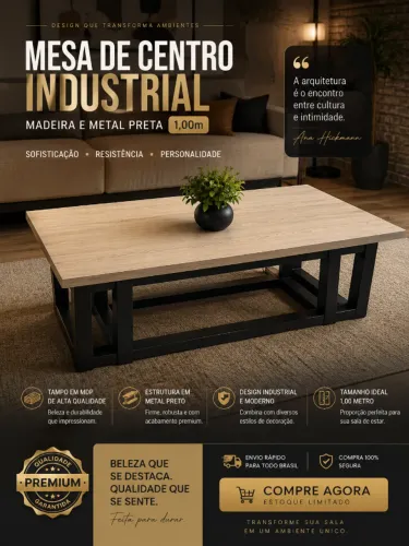 Mesa de Centro Industrial Madeira e Metal Preta 1,00m - Fabricamos móveis sob encomenda